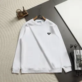 Prada Triangle Metal Logo Crew‑Neck Sweatshirt, White, Black #B68071
