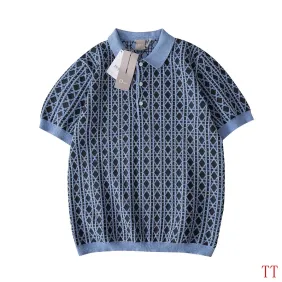 Dior Check Jacquard Wool Knit Short Sleeve Polo Shirt, Blue #B68867