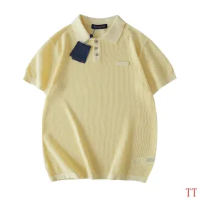 Brand L Emblem Patch Button Short Sleeve Polo Shirt, Light Yellow #B68862
