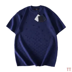 Brand L Gradient Letter Jacquard Knit Short Sleeve Tee, Navy Blue #B68865