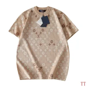 Brand L Jacquard Gradient Color Block Monogram Knit Short Sleeve Tee, Beige #B68860