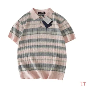 Brand L Striped Cable Knit Short Sleeve Polo Shirt, Pink Grey #B68866