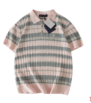 Brand L Striped Cable Knit Short Sleeve Polo Shirt, Pink Grey #B68866