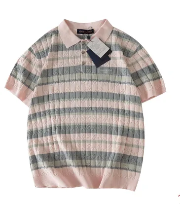 Brand L Striped Cable Knit Short Sleeve Polo Shirt, Pink Grey #B68866 Brand L Striped Cable Knit Short Sleeve Polo Shirt, Pink Grey #B68866