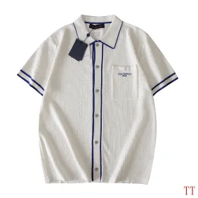 Brand L SS26 Waffle Contrast Trim Short Sleeve Knit Shirt, White Blue #B68868