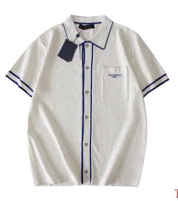 Brand L SS26 Waffle Contrast Trim Short Sleeve Knit Shirt, White Blue #B68868