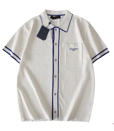  SS26 Waffle Contrast Trim Short Sleeve Knit Shirt, White Blue #B68868