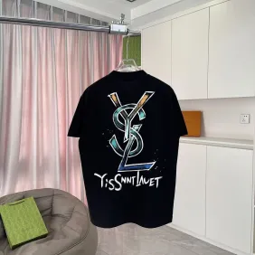 YSL Front Back Logo Graphic Print Crew Neck Cotton Casual T‑Shirt, 4 Colors #B67398