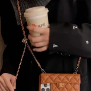 Chanel-Style Caviar Leather Quilted Phone Case with Adjustable  Golden Ball" Chain   Card Slot #A65263