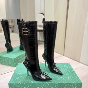 Balenciaga Cagole Studded Pointed‑Toe Over‑The‑Knee Boots 9.5cm Heel #B68390