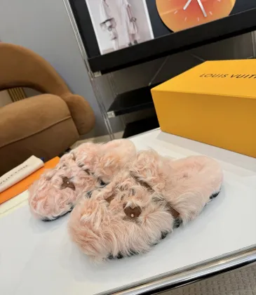 Louis Vuitton Cozy Fluffy Slippers with Leather Straps and Brand Embellishments #A54592 Louis Vuitton Cozy Fluffy Slippers with Leather Straps and Brand Embellishments #A54592