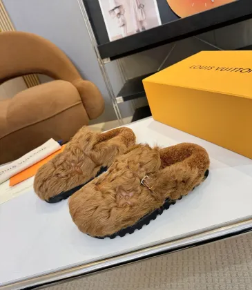Louis Vuitton Cozy Fluffy Slippers with Leather Straps and Brand Embellishments #A54593 Louis Vuitton Cozy Fluffy Slippers with Leather Straps and Brand Embellishments #A54593
