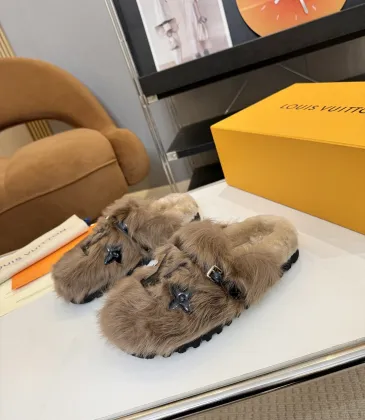 Louis Vuitton Cozy Fluffy Slippers with Leather Straps and Brand Embellishments #A54594 Louis Vuitton Cozy Fluffy Slippers with Leather Straps and Brand Embellishments #A54594