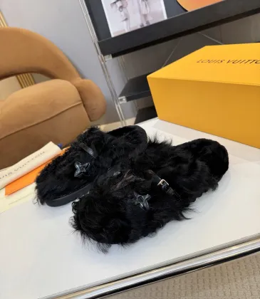Louis Vuitton Cozy Fluffy Slippers with Leather Straps and Brand Embellishments #A54595 Louis Vuitton Cozy Fluffy Slippers with Leather Straps and Brand Embellishments #A54595