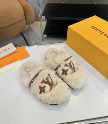Louis Vuitton Cozy Fluffy Slippers with Leather Straps and Brand Embellishments #A54596 Louis Vuitton Cozy Fluffy Slippers with Leather Straps and Brand Embellishments #A54596