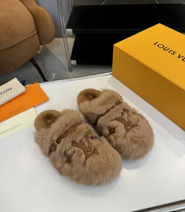Louis Vuitton Cozy Fluffy Slippers with Leather Straps and Brand Embellishments #A54597 Louis Vuitton Cozy Fluffy Slippers with Leather Straps and Brand Embellishments #A54597