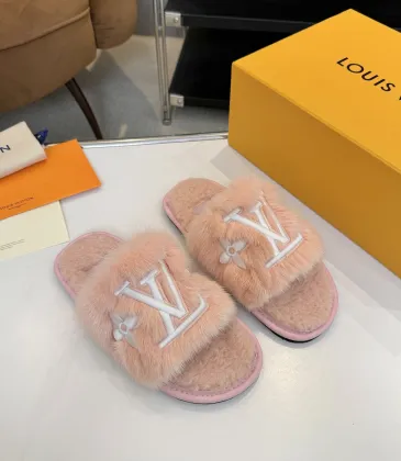Louis Vuitton Cozy Fluffy Slippers with Leather Straps and Brand Embellishments #A54598 Louis Vuitton Cozy Fluffy Slippers with Leather Straps and Brand Embellishments #A54598