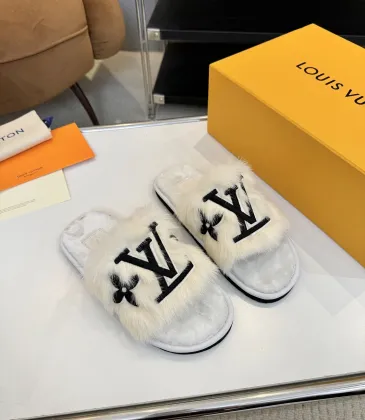 Louis Vuitton Cozy Fluffy Slippers with Leather Straps and Brand Embellishments #A54599 Louis Vuitton Cozy Fluffy Slippers with Leather Straps and Brand Embellishments #A54599