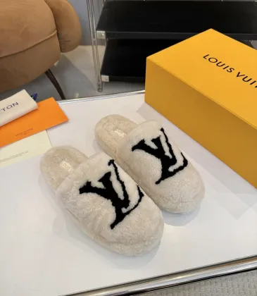 Louis Vuitton Cozy Fluffy Slippers with Leather Straps and Brand Embellishments #A54600 Louis Vuitton Cozy Fluffy Slippers with Leather Straps and Brand Embellishments #A54600
