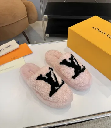 Louis Vuitton Cozy Fluffy Slippers with Leather Straps and Brand Embellishments #A54601 Louis Vuitton Cozy Fluffy Slippers with Leather Straps and Brand Embellishments #A54601