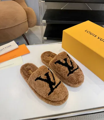 Louis Vuitton Cozy Fluffy Slippers with Leather Straps and Brand Embellishments #A54602 Louis Vuitton Cozy Fluffy Slippers with Leather Straps and Brand Embellishments #A54602