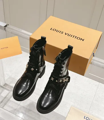 Louis Vuitton Shiny Black Ankle Boots with Lace-Up, Zipper and Decorative Straps #A54603 Louis Vuitton Shiny Black Ankle Boots with Lace-Up, Zipper and Decorative Straps #A54603