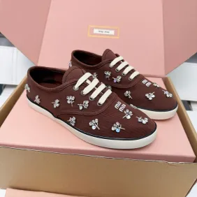 Miu Miu Women's Rhinestone Embroidered Canvas Sneakers #A66081 Miu Miu Women's Rhinestone Embroidered Canvas Sneakers #A66081