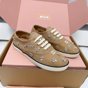 Miu Miu Women's Rhinestone Embroidered Canvas Sneakers #A66082 Miu Miu Women's Rhinestone Embroidered Canvas Sneakers #A66082