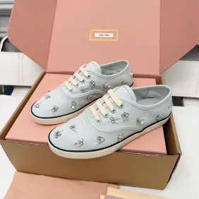 Miu Miu Women's Rhinestone Embroidered Canvas Sneakers #A66083 Miu Miu Women's Rhinestone Embroidered Canvas Sneakers #A66083