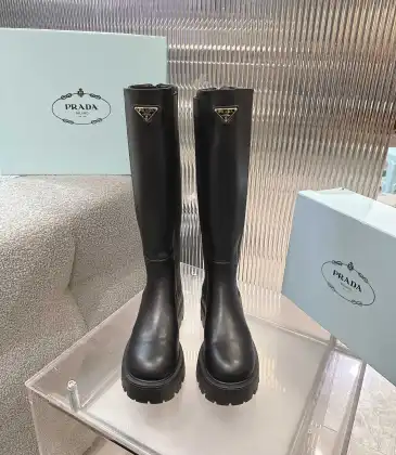 Prada Inspired Black Leather Knee-High Boots With Chunky Platform Sole #A54583 Prada Inspired Black Leather Knee-High Boots With Chunky Platform Sole #A54583