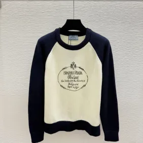 Prada Early Fall New Arrival Color-Block Logo Crew Neck Knit Long-Sleeve Top #B68313 Prada Early Fall New Arrival Color-Block Logo Crew Neck Knit Long-Sleeve Top #B68313