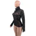 YSL European and American women's cross-border Amazon sexy see-through high-neck long-sleeved flocked high-quality top T-shirt #A64626