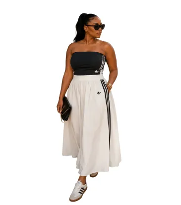 Black Tube Top White Long Skirt Adidas Two‑Piece Outfit #B67625